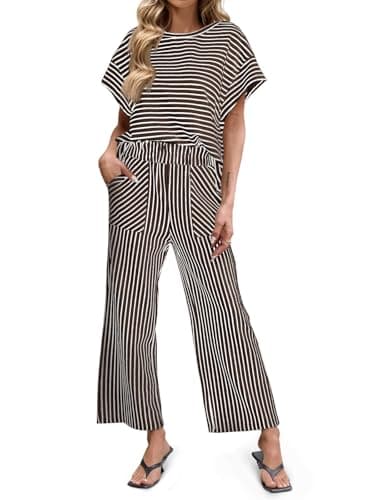 Tankaneo Womens Striped 2 Piece Sets Short Sleeve T Shirts Wide Leg Pants Matching Lounge Set with Pockets - Image 1