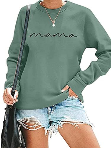 ASTANFY Mama Shirts Women Mama Letter Printed T-Shirt Mama Graphic Tee Casual Short Sleeve Tops Tee (Light Green, X - Large) - Image 1