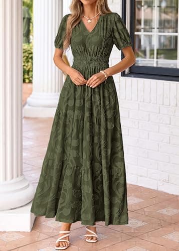 KIRUNDO Womens Boho Maxi Dress Summer Short Sleeve V Neck Floral Flowy A Line Formal Wedding Guest Baby Shower Long Dresses(Army Green, Large) - Thumbnail 6
