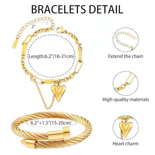 LCTrusttmor Gahna Heart Charm Bracelets for Women, Stackable 18K Gold Plated Heart Charm with Adjustable Box Link Chain Set Trendy Jewelry Gifts - Thumbnail 4