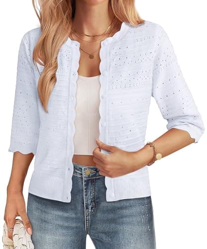 GRACE KARIN Womens Short Sleeve Cardigan Sweater, Lightweight Summer Cardigan Trendy, Dressy Crochet Knit Bolero Shrugs White - Image 1