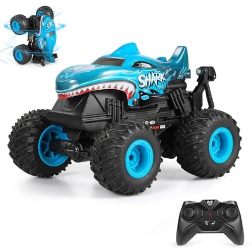 DYODYORC Remote Control Car, 2.4Ghz All Terrain Shark Monster Truck Toys, RC Truck with Music, 3 Lighting Effects, 360 Stunt Capable, 2 Batteries Ready to Run, Toy Gifts for Boys and Girls (Blue)