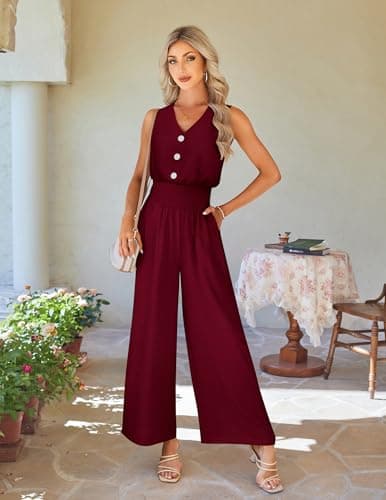 LOOKBOHO Summer Jumpsuits Women Casual Sleeveless V Neck Stretchy Lightweight Romper Wide Leg Pant Outfit 2026(WR,M) - Thumbnail 5
