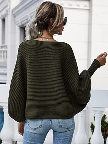 ECOWISH Sweaters for Women Batwing Sleeve Oversized Dropped Shoulder Ribbed Cuff Knit Solid Pullover Sweater 243 Army Green Small - Thumbnail 5