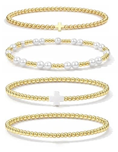 Fohufo Easter Gifts for Women - 14K Gold Plated Bracelets Sets for Women, Cross/Pearl Beaded Bracelets Jewelry, Easter Gifts Basket Stuffers - 4 Pcs Cross Bracelet - Image 1