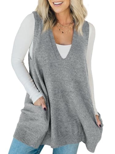 Saodimallsu Womens Sleeveless Sweater Vest V Neck Loose Knit Casual A Line Flattering Tunic Top with Pockets Grey - Image 1
