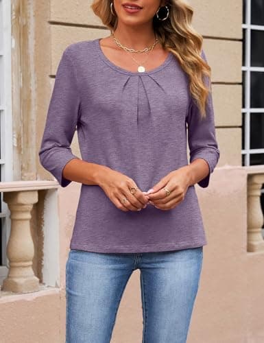 JUSTFASHIONNOW Womens 3/4 Length Sleeve Tops Crewneck Pleated T-Shirts Dressy Casual Tunic Basic Business Blouses(RoseTaupe Medium) - Thumbnail 5