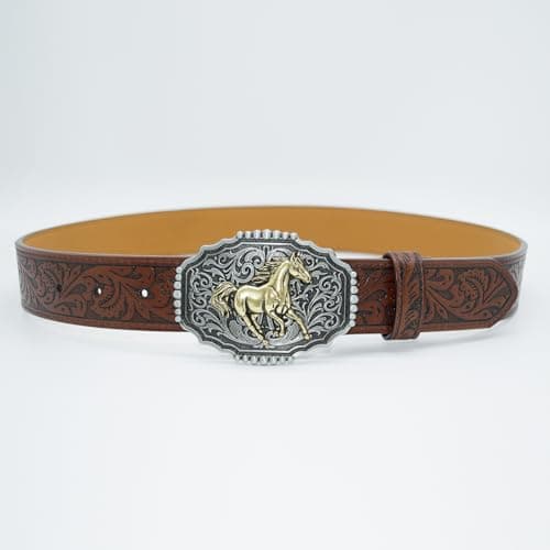 EONTISO Western Belt for Women Cowgirl Cowboy PU Leather Belts for Jeans, Floral Embossed Vintage Buckle, HorseBrown S - Thumbnail 4