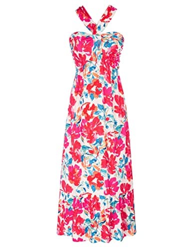 2024 Women Crossover Halterneck Sleeveless Floral Flowy Maxi Dresses Multicolor L - Image 1