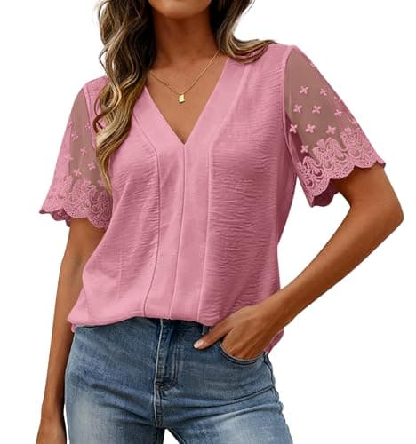 Zenlonr Women Tops Summer 2026 Short Sleeve Shirts Spring Vacation Fashion Dressy Casual Business V Neck Blouses(Pink,XX-Large) - Image 1