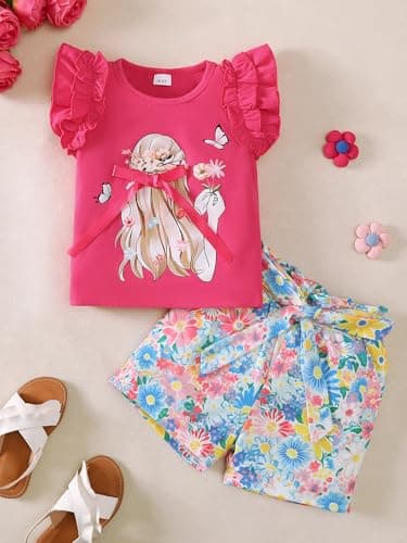 AMAWMW Girls 2 Piece Outfit Summer Clothes Ruffle Sleeve Shirts Top Paperbag Waist Shorts With Pockets Kids Clothing Set, Hot Pink, 4-5T - Thumbnail 6