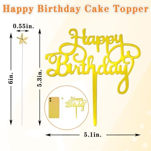 JRYZCHBO Happy Birthday Cake Topper,Acrylic Boy or Girl Cake Sign Decorations,Birthday Cake Topper Supplies for Men's Women's Birthday Party Cake Dessert (Gold+starts) - Thumbnail 3
