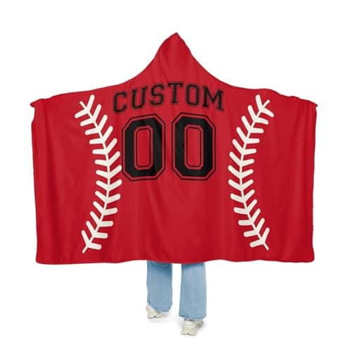 ROSLILY Personalized Baseball Hooded Blanket Game Day Custom Hooded Fleece Blanket with Name Softball Wearable Throw Blanket University Team Blanket Gift for Sports Fans Kids Adult Graduation, Red - Image 1