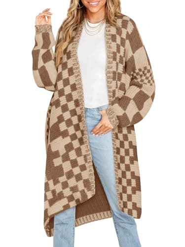 Saodimallsu Womens Checkered Long Cardigans Chunky Oversized Open Front Batwing Sleeve Color Block Knit Sweater Coats Dark Khaki - Image 1