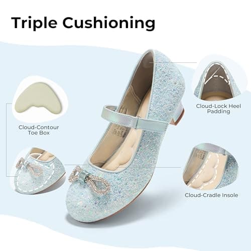 PATPAT Girls Dress Shoes Size 4 Big Kid, Baby Blue Glitter Shoes with Butterfly Hair Clips, Sequins Rhinestones Bowknot Princess Low Heels Mary Jane Footwear Heels for Girls Dress Up - Thumbnail 5