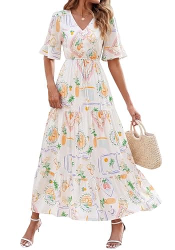 BTFBM Womens Summer Dresses 2026 Spring Casual Short Sleeve v Neck Boho Floral Flowy A-Line Tiered Maxi Dress Pockets(Floral White Multi, X-Large) - Image 1