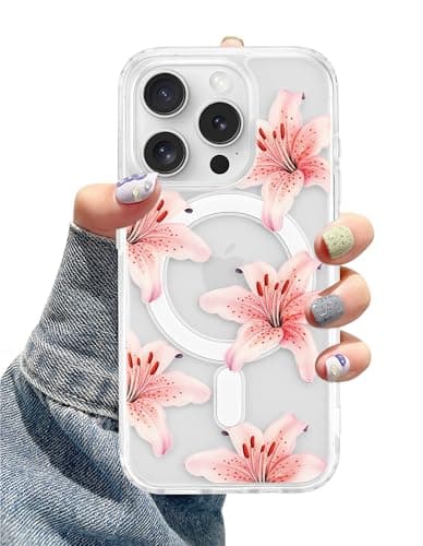 Aitipy Lily Phone Case for iPhone 15 Pro, Compatible with MagSafe, Cute Clear TPU Slim Shockproof Protective Phone Cover for Women Girls, Pink Lily - Image 1