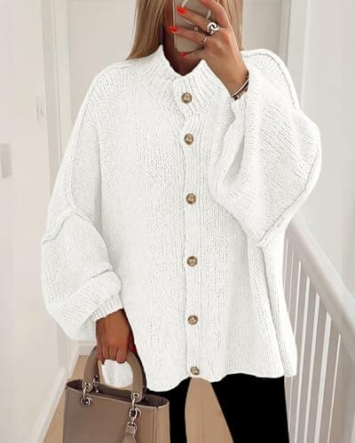 BTFBM Cardigan Sweaters for Women 2026 Fall Clothes Lantern Long Sleeve Button Open Front Chunky Knit Oversized Sweater(White, Small) - Thumbnail 2
