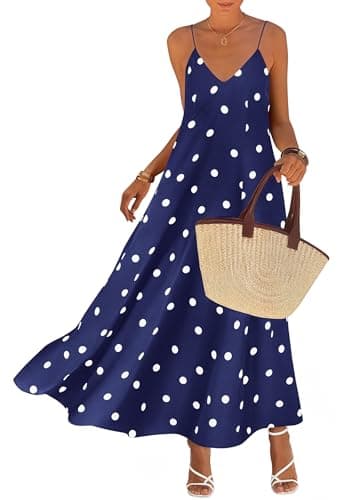 KIRUNDO Boho Maxi Dress for Women Summer Spaghetti Strap V Neck Polka Dot Flowy Long Beach Vacation Sundress with Pockets(Navy, X-Large) - Image 1