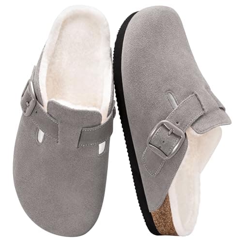 Fuzzy Suede Clogs for Women Fur Lined Leather Mules Soft Non Slip Potato Shoes with Arch Support Grey - Image 1