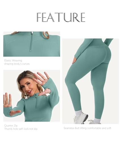 YOAKUKA Womens 2 Piece Workout Sets Quarter Zip Pullover High Waist Butt Lifting Leggings Seamless Yoga Outfits Gym Sets - Thumbnail 3
