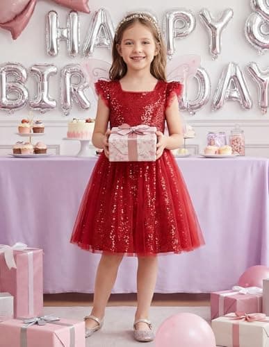 GRACE KARIN Girls Party Sequin Dress Size 8, Kids Birthday Dance Formal Sparkly Dresses, Wedding Flower Girl Dress Red - Thumbnail 3
