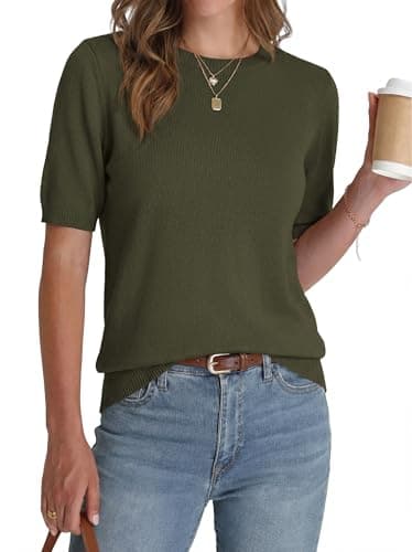 BTFBM Short Sleeve Sweater for Women Spring Tops Crew Neck Lightweight Pullover Loose Dressy Casual Blouse Basic Clothes(Army Green, Small) - Image 1