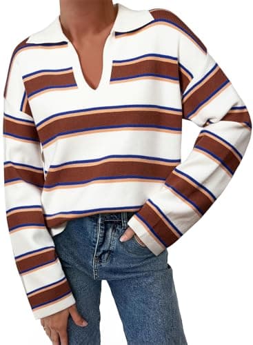 EVALESS Striped Pullover Sweaters for Women Polo V Neck Henley Shirt Cute Daily Winter Chunky Colorblock Sweater Autumn Top Thanksgiving Fashion Outfits M Khaki Stripe - Image 1