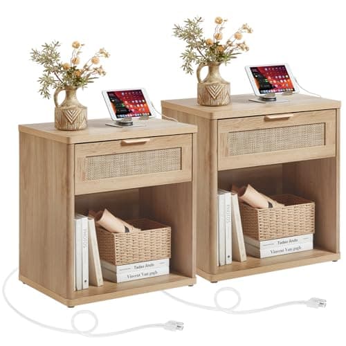 LEYAOYAO Rattan Nightstands Set of 2 with Charging Station, 23" Wide Boho Night Stand with Drawer, Natural Wood Bedside Table Open Cabinet, Bed Side End Table Dresser for Bedroom, Living Room, Hallway - Image 1