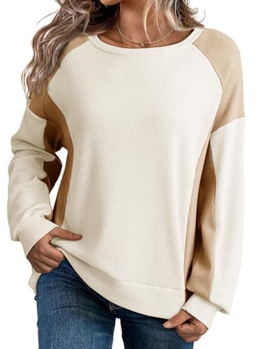 Dokotoo Womens Sweatshirt Oversized Waffle Knit Sweater Color Block Crewneck Sweatshirts for Women Long Sleeve High Low Casual Cozy Pullover Shirt Tops Fall Fashion Outfit Clothes 2024 White Large - Image 1