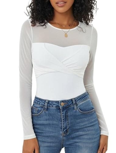 Avidlove Womens Bodysuit Sexy Sheer Long Sleeve Tops Crew Neck Ruched Shapewear Body Suits Slimming Going Out Outfits White M - Image 1