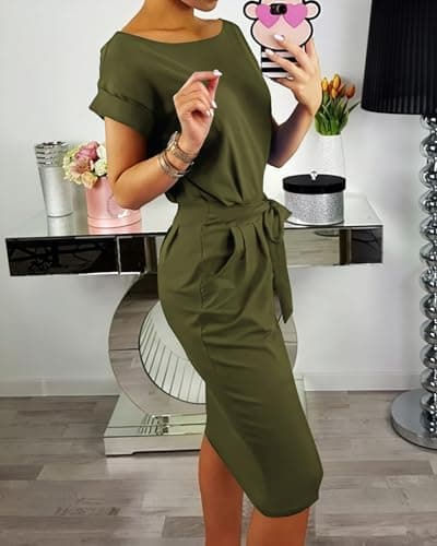 PRETTYGARDEN Women's Summer Short Sleeve Crewneck Striped Dress Basic Solid Tie Waist Office T Shirt Dresses Pockets(Army Green,Small) - Thumbnail 4