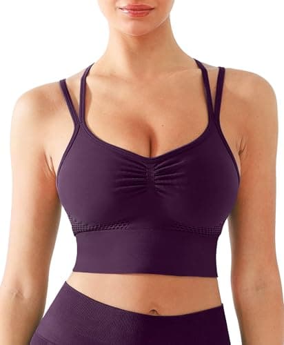 BRXL Lycra Strappy Ruched Sports Bra for Women Breathable Seamless Criss Cross Back Light Support Padded Bras Exercise Yoga Purple XL - Image 1