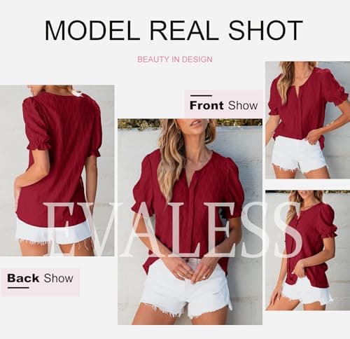 EVALESS Blouses for Women Summer Vacation Outfits - Cute Puff Sleeve Tops - Red Blouses - Dressy Casual Western Clothes - Sexy Tops - Work, X-Large - Thumbnail 5