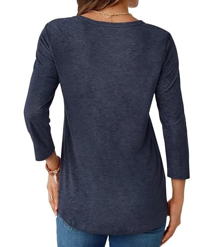 GKBK Womens Tops 3/4 Sleeve Shirts Round Neck Casual Blouses Basic Loose Fit Pullover Tshirts Navyblue L - Thumbnail 4