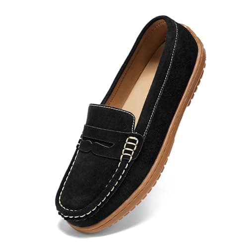BEAUSEEN Women's Penny Loafers Slip-On - Lightweight Breathable Suede Driving Moccasins,Cute Business Casual Dress Shoes for Work & Travel Black, 7.5 US - Image 1