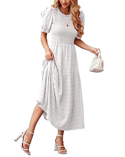 dowerme Womens Summer Dresses 2025 Casual Puff Short Sleeve Crewneck Smocked Flowy Ruffle Boho Beach Party Maxi Sundress(White,X-Large) - Image 1