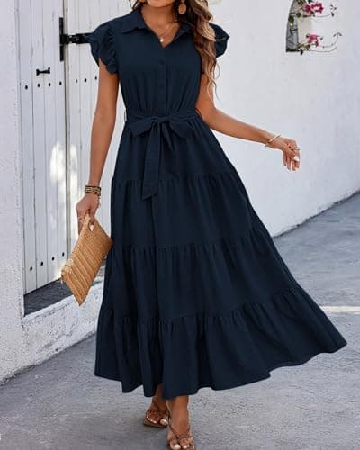 dowerme Women's Summer Casual Dresses 2025 Cap Ruffle Sleeve V Neck Button Belted Tiered Boho Maxi Dress with Pockets(Navy,Small) - Thumbnail 6
