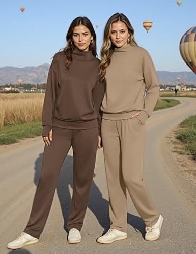 Totatuit Womens Lounge Sweatsuit Set Casual 2 Piece Winter Tracksuit Comfy Turtle Neck Pullover for Sports Wear Light Brown M - Thumbnail 6