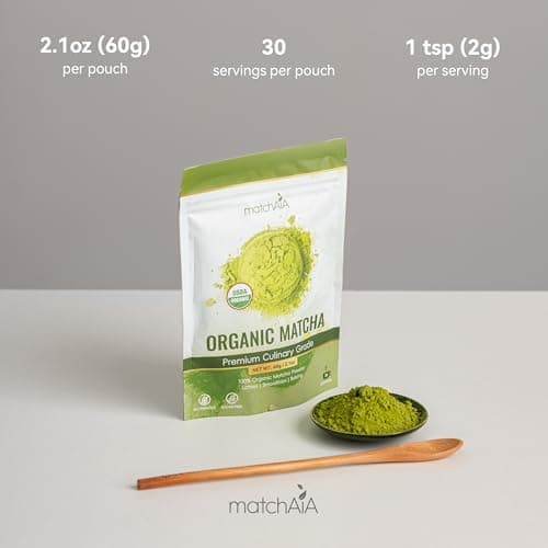 MatchAiA Organic Matcha Green Tea Powder - Premium Culinary Grade, USDA Certified, 100% Pure - Perfect for Lattes, Smoothies, Desserts and Baking - Sugar Free, Gluten Free (60g / 2.1oz Pouch) - Thumbnail 6