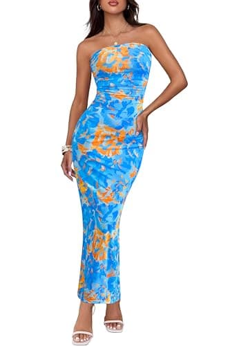 BTFBM Women Summer Strapless Maxi Dress 2026 Bodycon Floral Long Wedding Guest Dress Formal Tube Mesh Cocktail Dresses(Floral Blue, Large) - Image 1