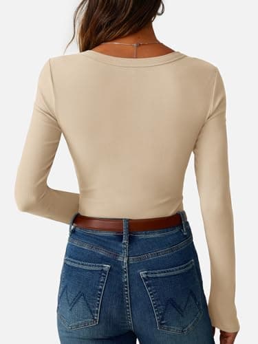 GKBK Ribbed Long Sleeve Shirts for Women Fitted Basic Tight T-Shirts Crewneck Cute Layering Tops Lightweight Fall Sweaters 2026 Fashion Clothes Outfits Apricot - Thumbnail 4