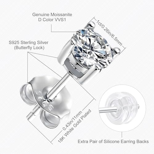 Ve Celestelle Moissanite Stud Earrings, 925 Sterling Silver, 18K White Gold Plated, Round Cut (4 Carat-(2ct*2)-8mm) - Thumbnail 6
