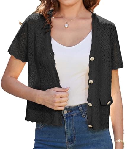 Womens Crop Cardigans Sweater Bolero Shrug Cute Tops Summer Fashion Trendy Short Sleeve Outfit Clothes Black - Image 1