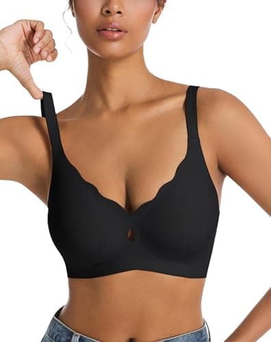 POSESHE Womens Comfortable Wave Wireless Bras Push Up Seamless Bralettes Soft V Neck Brassiere Scalloped Full Coverage Everyday Basic Bra Black - Image 1
