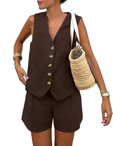 PRETTYGARDEN Women's Summer 2 Piece Outfits Sleeveless Matching Sets Button Down V Neck Vest Waistcoat and Pockets Shorts (Dark Coffee,Medium) - Image 1