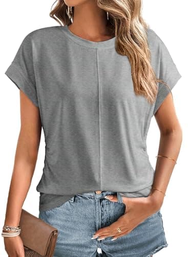 Dokotoo Women's Tops Round Neck Cap Sleeve Side Ruched Tops for Women Trendy Tank Tops Cute T Shirt Gray Medium - Image 1