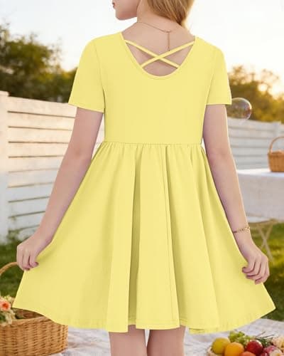 Girls Floral Mini Summer Dress Short Sleeve Crew Neck Casual Cute Sundress for Toddler Little Kids with Pockets for 5-14 Years Yellow S - Thumbnail 2