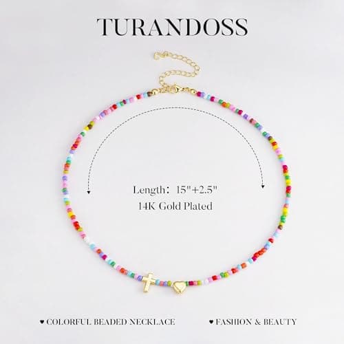 Turandoss Colorful Beaded Cross Necklace for Women - Dainty 14K Gold Plated Heart Pendant Necklaces Personalized Cross Beaded Choker Necklace for Women Baptism Christian Religious Easter Gifts - Thumbnail 5