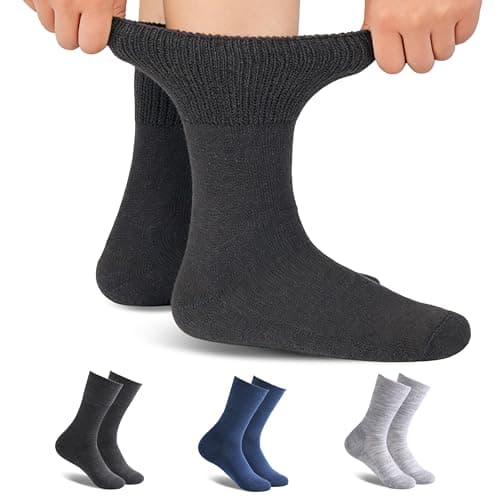Forcool 3 Pairs Diabetic Merino Wool Crew Women Men Non Binding Loose Top Non Blister Cushion Wide Quarter Diabetes Edema Dress Socks Mid Calf, Medium - Image 1